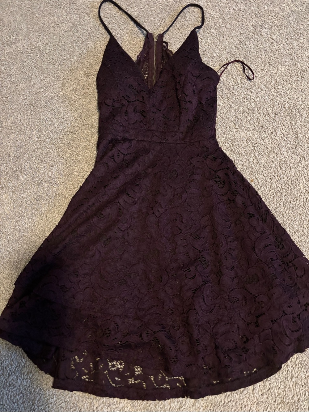 purple open back lace dress